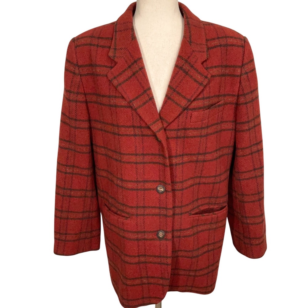 Eddie Bauer Blazer Womens M Petite Red Plaid Jacket Preppy Timeless Wool VTG